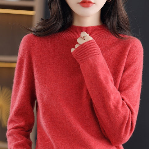 100% Autumn and winter first-line ready-to-wear wool sweater women&#39;s half turtleneck long-sleeved cashmere bottoming shirt
