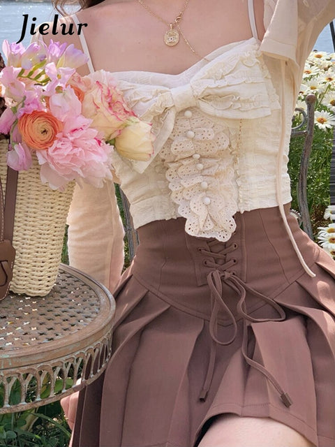 Jielur Vintage Corset Tops + Mini Skirts 2 Piece Dress Set Women Elegant Blouse Y2K Crop Top Evening Party Fashion Suits 2022