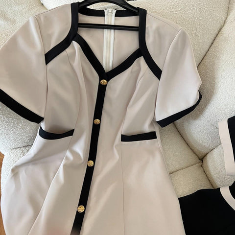 2022  Summer Women&#39;s Sexy Elegant Casual Female Dress Short Sleeve V-Neck Contrasting Colors Back Zipper Clebrity Party Dress