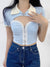 Rapcopter Lace Trim Crop Top y2k Button Zipper T Shirt Blue Patchwork Knitted Pullovers Korean Cute Summer Tee Harajuku Chic Top