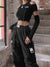 Goth Dark E-girl Style Patchwork Black T-shirts Gothic Open Shoulder Sleeve Y2k Crop Tops Ruffles Hem Hip Hop Techwear Women Tee