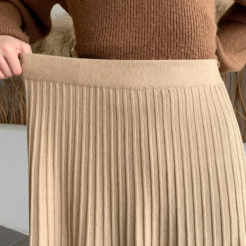 Winter Thickened Rib Knitted Large Swing Maxi Long Skirts Elegant Solid A-line Pleated Ankle Length Knit Skirts Coffree Beige