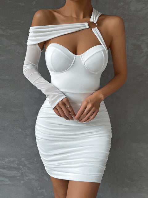 One Shoulder Hollow Out Ruched Mini Dress For Women Robe White Backless Bodycon Sexy Party Dress Vestido Clubwear