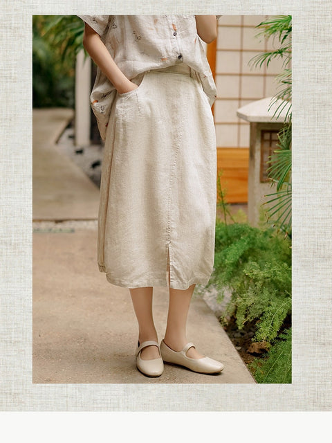 Women 100% Linen Vintage A Line Midi Skirts Summer M,L,XL