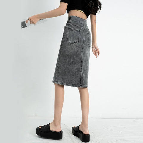 ZHISILAO New Pencil Denim Skirt Women Vintage Stretch High Waist Bodycon Jeans Skirts Midi Summer 2022