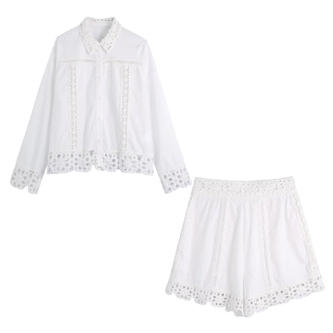 Hollow Out Corset Cotton White Women Blouse Shorts Set Office Casual Summer Spring Beach Suits Wide Leg Shorts Suit Outfits 2022