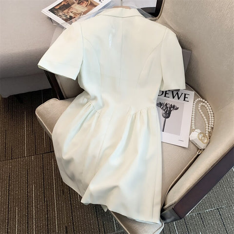 Elegant Casual Short Sleeve Double Breasted Mini Dress Women Summer Solid White Hepburn England Style Dress Office Suits Dress