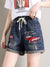 Women&#39;s Denim Shorts Loose Embroidery Pattern Wide Short Elastic Waist Summer Shorts Jeans  Clothing for Women 4xl 5xl