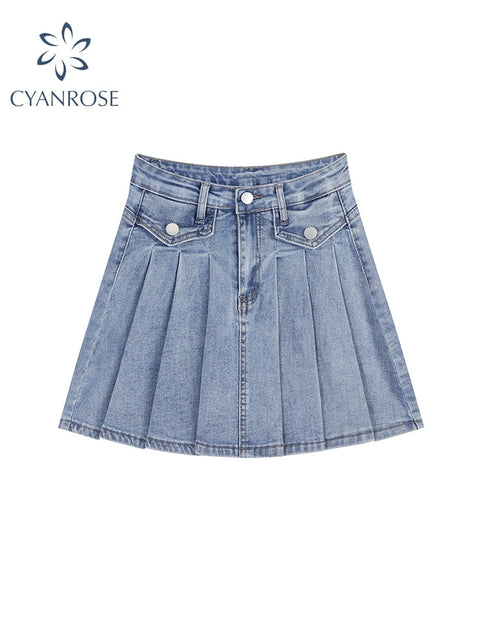 Vintage Denim Skirt Women Summer 2022 Streetwear Ladies Jeans Skirts Korean Casual Harajuku All Match Chic A-line Pleated Skirt