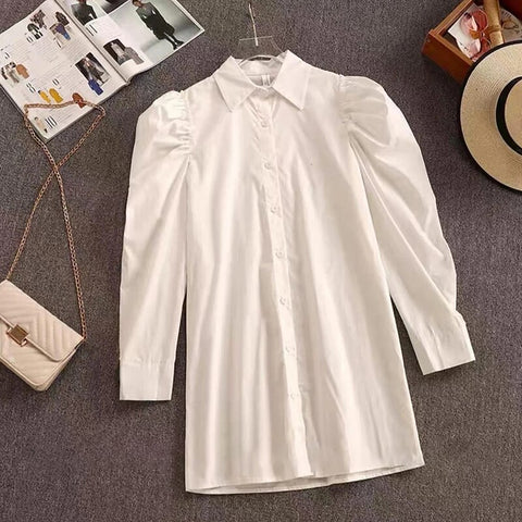 Women Dress Two-piece Sets Puff Sleeve Solid Shirt Mini Dress Plaid Sling Belt Vest Fashionable Female Clothing 2022