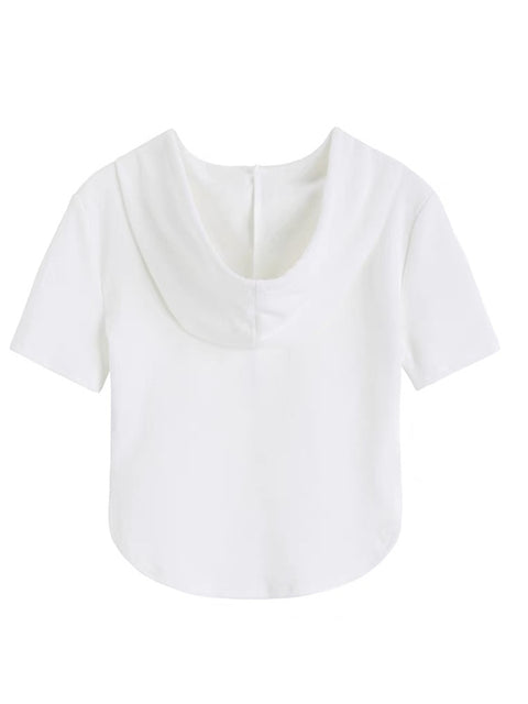 Streetwear T-shirts Women Summer New Skinny Casual Irregular Crop Tops Solid Short Sleeve Hooded Zipper Harajuku Ladies Clothes