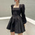 Fashion Elegant Chic Square Neck Vintage Puff Sleeve Black Women Mini Dress French Sexy Casual Party StreetWear New Year 2022