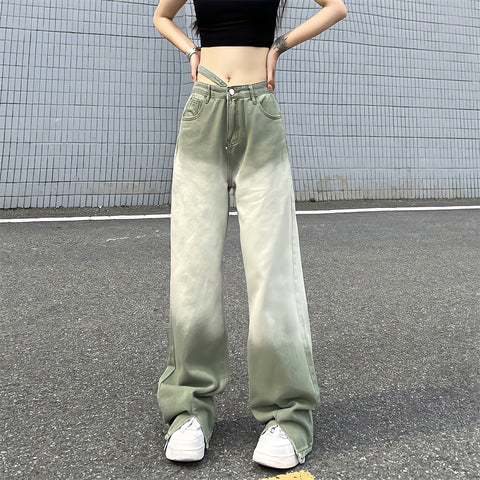 White Pants Oversized High Waist Straight Leg Wide Leg Jeans Contrasting Green Harajuku Y2k Fashion Streetwear Women Trousers