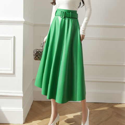 Wisher&amp;Tong Pu Leather Skirt High Waist Korean Fashion Pleated Skirt Black Green Elegant Women&#39;s Long Skirts Autumn Winter 2022