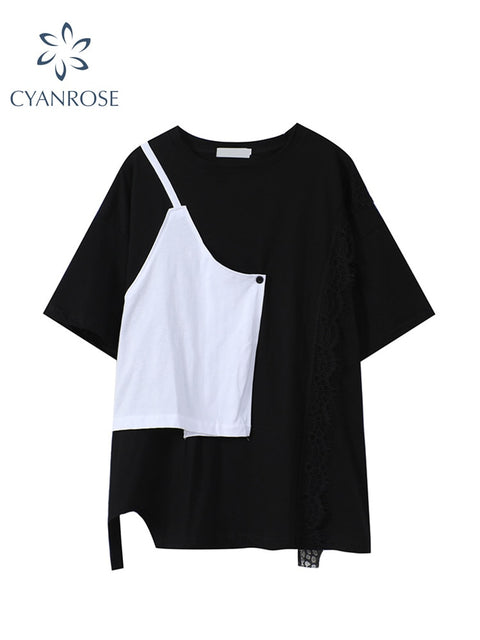 Women&#39;s T-shirts Fashion Streetwear Female O-Neck Loose T-shirt Short Sleeve Chic Lace Patchwork Lady Casual Tees Summer Spring
