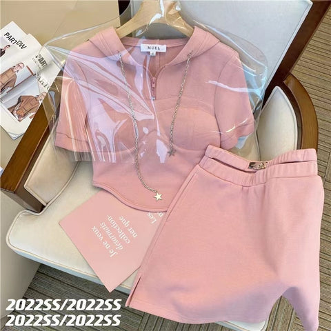Women Casual Solid Sports Suits Short Sleeve Hooded Tops+Hight Waist Skirts High Street Harajuku Gym 2 Piece Sets Sportswear