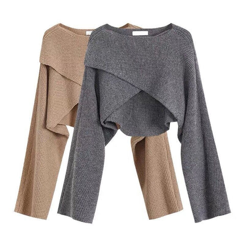 Short Women&#39;s Pullovers Sweaters Autumn Winter 2022 Streetwear Knitted Sweater Long Sleeve Cross Irregular Solid Y2K Tops 22933