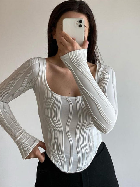 Woman Fashion Casual Ruched Long Sleeve T-shirt Blouses Female White Skinny Cropped Bottoming Shirt 2022 Autumn Y2K Top Clothes