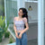 Net Yarn Short-sleeved T-shirt Women Slimming Korean Retro Square Collar Short Ruffle Folds Crop Top For Kawaii Girl Top Femme