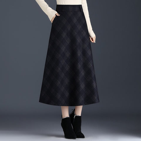 Vintage Plaid Woolen Long Skirt for Women Autumn Winter Zipper High Waist Elegant Chic Loose Office Lady Mid-long Skirts