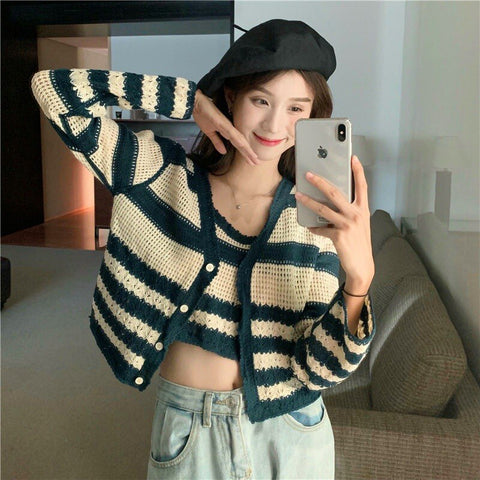 2 Pcs Sets Women Ulzzang New Spring Striped Hollow Out Fashion Sexy Slim Pretty All Match Outerwear Casual Kpop Female Clothes