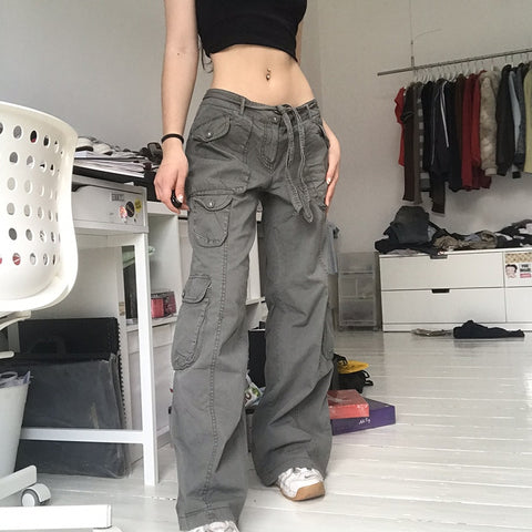 Y2K Pockets Cargo Pants for Women Straight Oversize Pants Harajuku Vintage 90S Aesthetic Low Waist Trousers Wide Leg Baggy Jeans