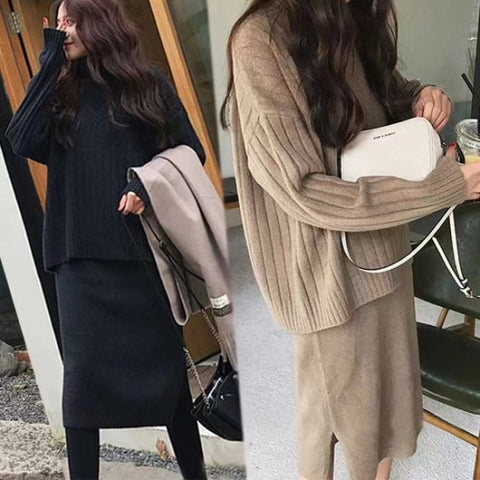 1046# 2PCS Set Autumn Winter Knitted Maternity Sweaters Dress Casual Fashion Loose Clothes for Pregnant Women Chic Ins Pregnancy