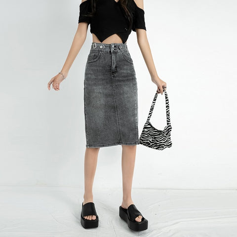 ZHISILAO New Pencil Denim Skirt Women Vintage Stretch High Waist Bodycon Jeans Skirts Midi Summer 2022