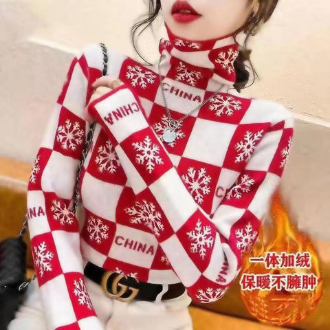 Winter New Harajuku Elegant Fashion Long Sleeved T-shirts Thicken Warm Plus Velvet Turtleneck Soft Tops Women Printed Tees Femme
