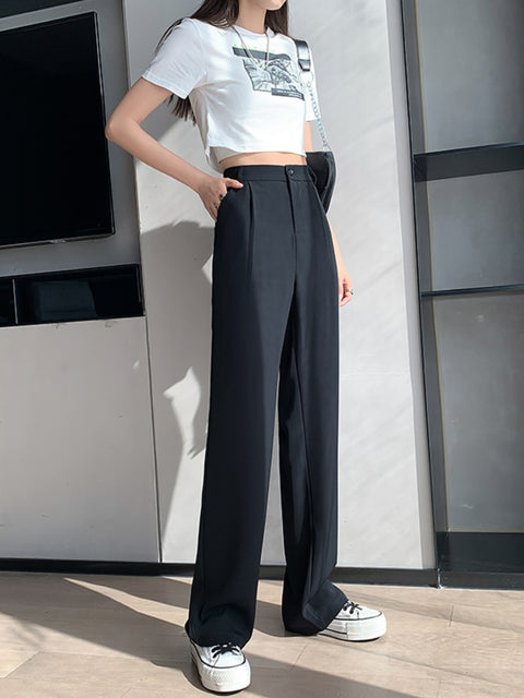 Casual High Waist Loose Wide Leg Pants for Women Spring Autumn New Female Floor-Length White Suits Pants Ladies Long Trousers