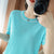 Summer New Hollow Combed Cotton Knitted Short-Sleeve Womens Round Neck Colorblock Korean Loose Fashion All-Match Top