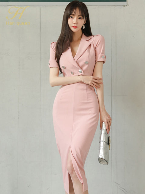 H Han Queen Womens Summer Suit Skirt 2 Pieces Suits Short Suit Double Breasted Crop Top + Split Sheath Pencil Skirt New Work Set