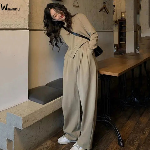 2 Piece Set Women&#39;s Suit Korean Irregular Design O-neck Pullover Short Tops Tracksuit Ladies Pleat Loose Casual Pants Outfits
