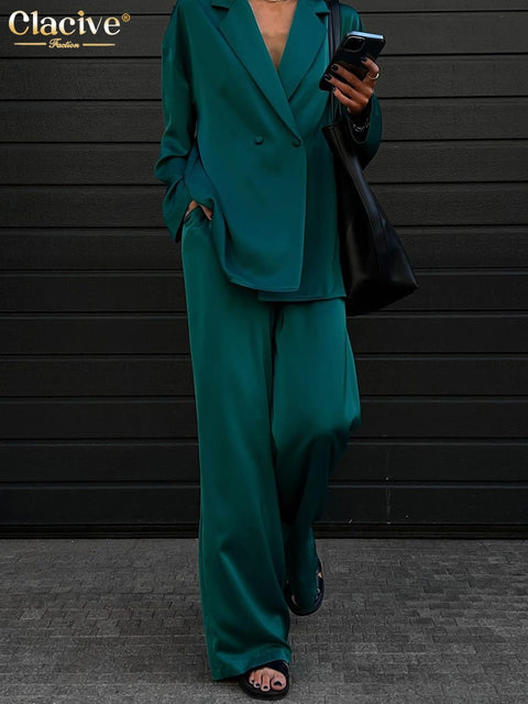 Clacive Fashion Long Sleeve Blazer Two Piece Sets Women Outifits Casual Loose Office Pants Set Elegant Green Satin Trouser Suits