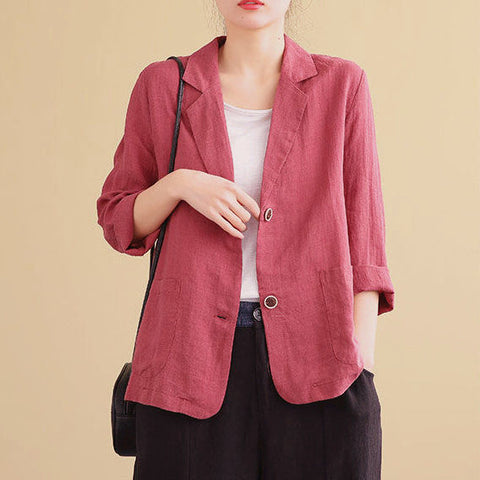 Cotton Linen Blazers Women Oversized Loose Notched Button Up Thin Blazer Coat Solid Color Long Sleeve Casual Office Jackets