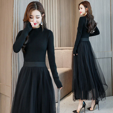 2022 Autumn and Winter New Turtleneck Sweater Knitted Dress Women&#39;s Plus Velvet Mesh Stitching Elegant Slim Slim Black Dress