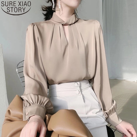 2022 Autumn New Elegant Fashion Acetate Satin Blouses Women Tops Office Lady Long Lantern Sleeve Shirt Blusa Mujer Clothes 16877