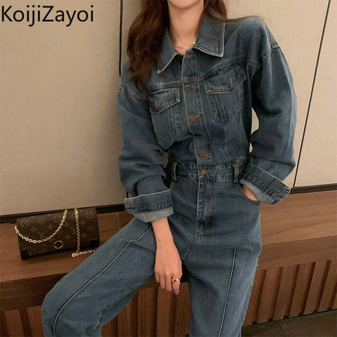 Koijizayoi Vintage Women Washed Jeans Jumpsuit Fashion Lady Spring Autumn Denim Bodysuit Chic 2022 New Ropa Mujer Playsuits