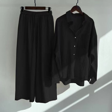 2 Piece Suit Women's 2022 Fall/Winter Cotton Linen Shirt Suit Casual Loose Long Sleeve Pants Suit Solid Color Button Lapel Suit