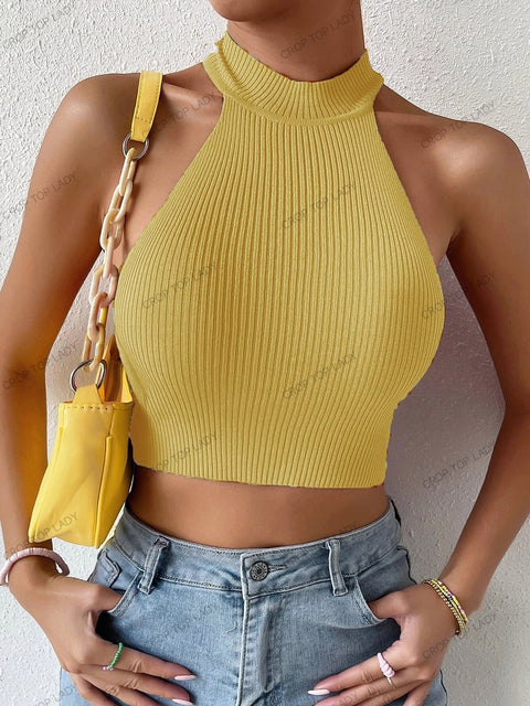 13Colors Women Basics Solid Casual Ribbed Knit Sleeveless Corset Halter Crossfit Crop Top Y2k Clothes Femme Stretch Cropped Tank