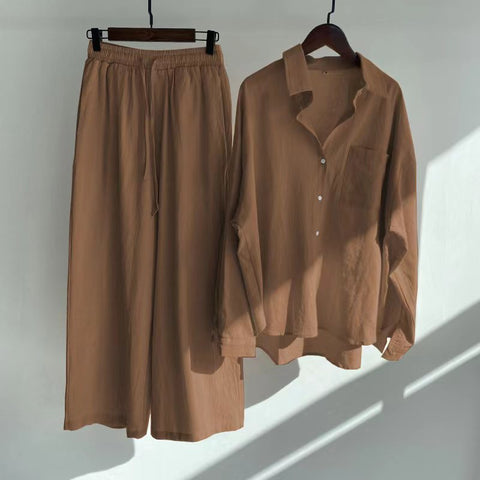 2 Piece Suit Women's 2022 Fall/Winter Cotton Linen Shirt Suit Casual Loose Long Sleeve Pants Suit Solid Color Button Lapel Suit