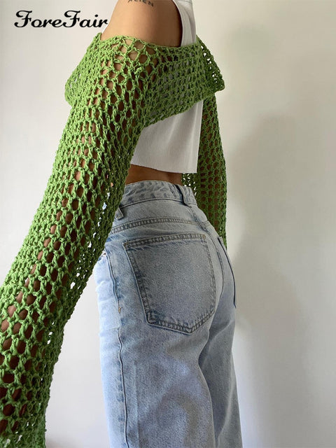 Forefair 2022 Summer Green Long Sleeve Smock Knitted Crop Top Women Y2k Beach Sexy Backless Hollow Out T Shirts Party Casual