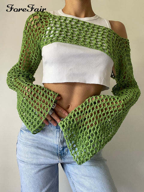 Forefair 2022 Summer Green Long Sleeve Smock Knitted Crop Top Women Y2k Beach Sexy Backless Hollow Out T Shirts Party Casual