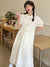 HOUZHOU White Dress Women Summer Kawaii Midi Dresses Bow Preppy Style Sundress Ruffle Patchwork Peter Pan Collar Puff Sleeve