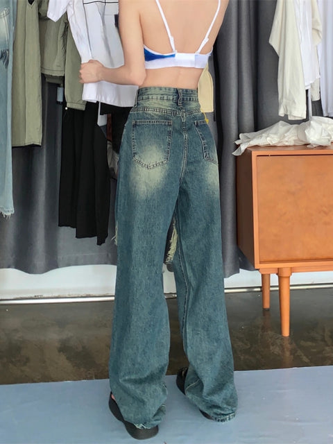 2022 Autumn Hole Vintage Wide Leg Pants Woman Casual Korean Style Baggy Jeans Chic Fashion High Waist Straight Denim Trousers