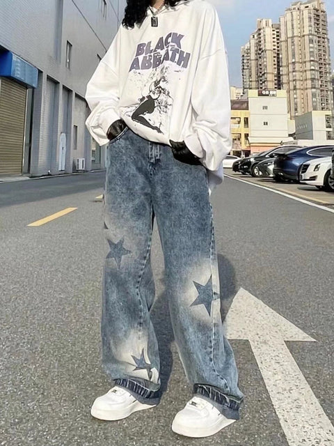Women Jeans Korean Washed Star Pattern baggy High Street Loose Straight Y2K Trousers Summer Casual Streetwear Hip Hop Pants