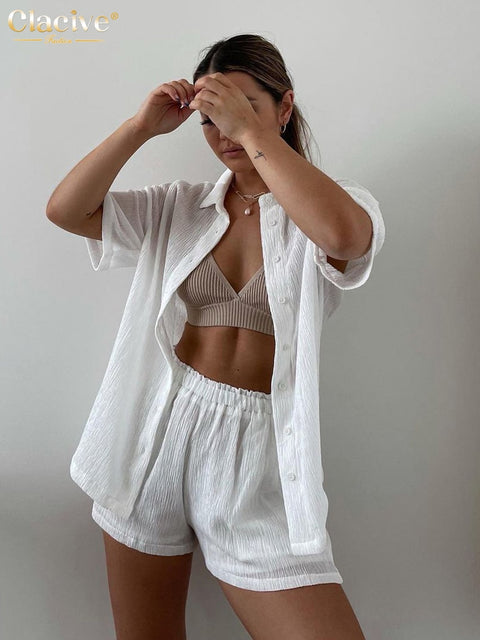 Clacive Casual Short Sleeve Shirts Two Peice Set Women Summer High Waisted Shorts Set Lady Elegant White Beach Suits With Shorts