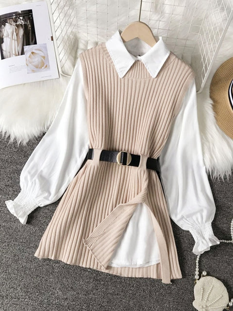 spring autumn women&#39;s lantern sleeve shirt knitted vest two piece sets of College style waistband vest two sets top UK900