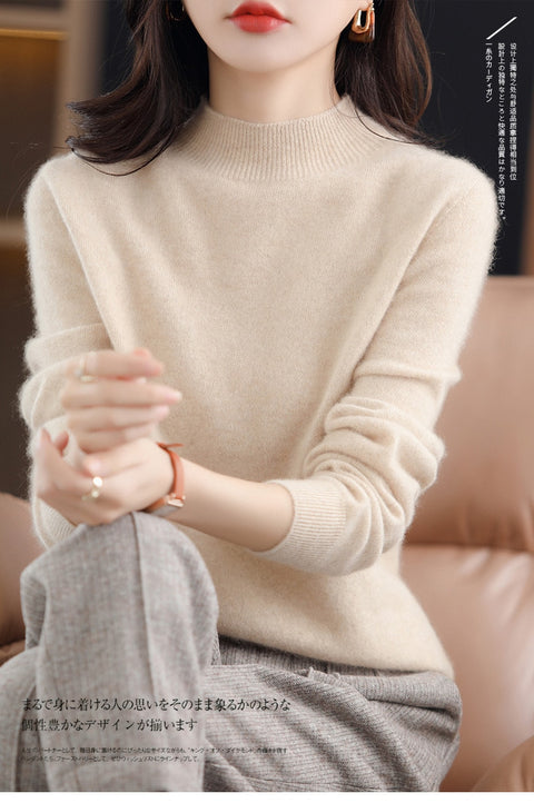 100% Autumn and winter first-line ready-to-wear wool sweater women&#39;s half turtleneck long-sleeved cashmere bottoming shirt