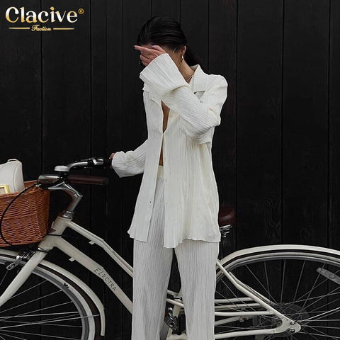 Clacive Bodycon Long Sleeve Blouse Two Piece Sets Women Outifits Autumn White Ruched Pants Set Streetwear Straight Trouser Suits